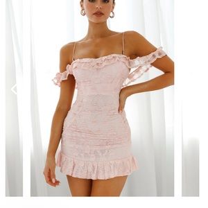 Selfie Leslie MATILDA FRILL TRIM LACE OVERLAY GOLD BEAD DRESS BLUSH